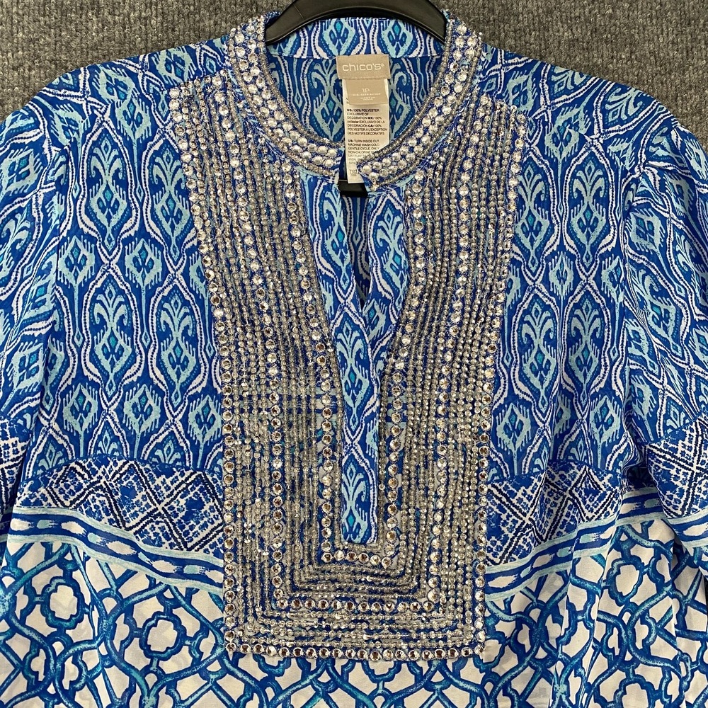 Chicos Petite Top Womens PM Tunic Popover Sheer Coastal Beachy Resort Gypsy - Picture 2 of 10